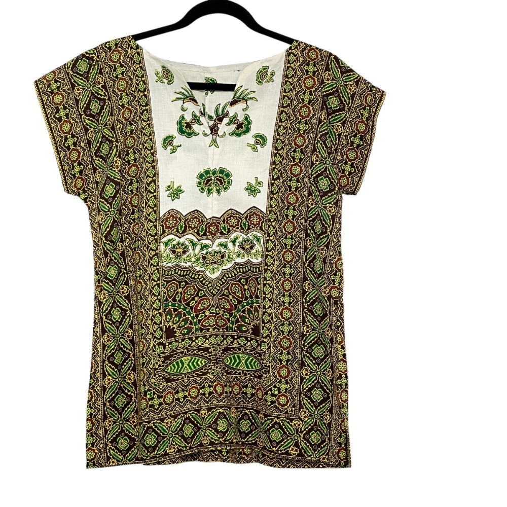 Boho Batik‎ Print Tunic Top Green Brown Cream Handmade Short Sleeve O/S (Small)